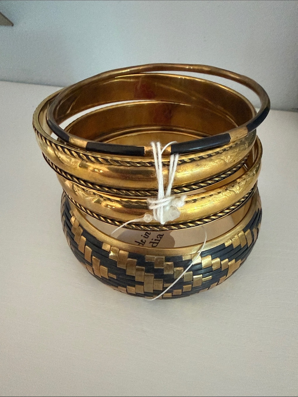 Vintage handmade Bajalia Gold Black Stacked Bangle Bracelet Set 5 women jewelry